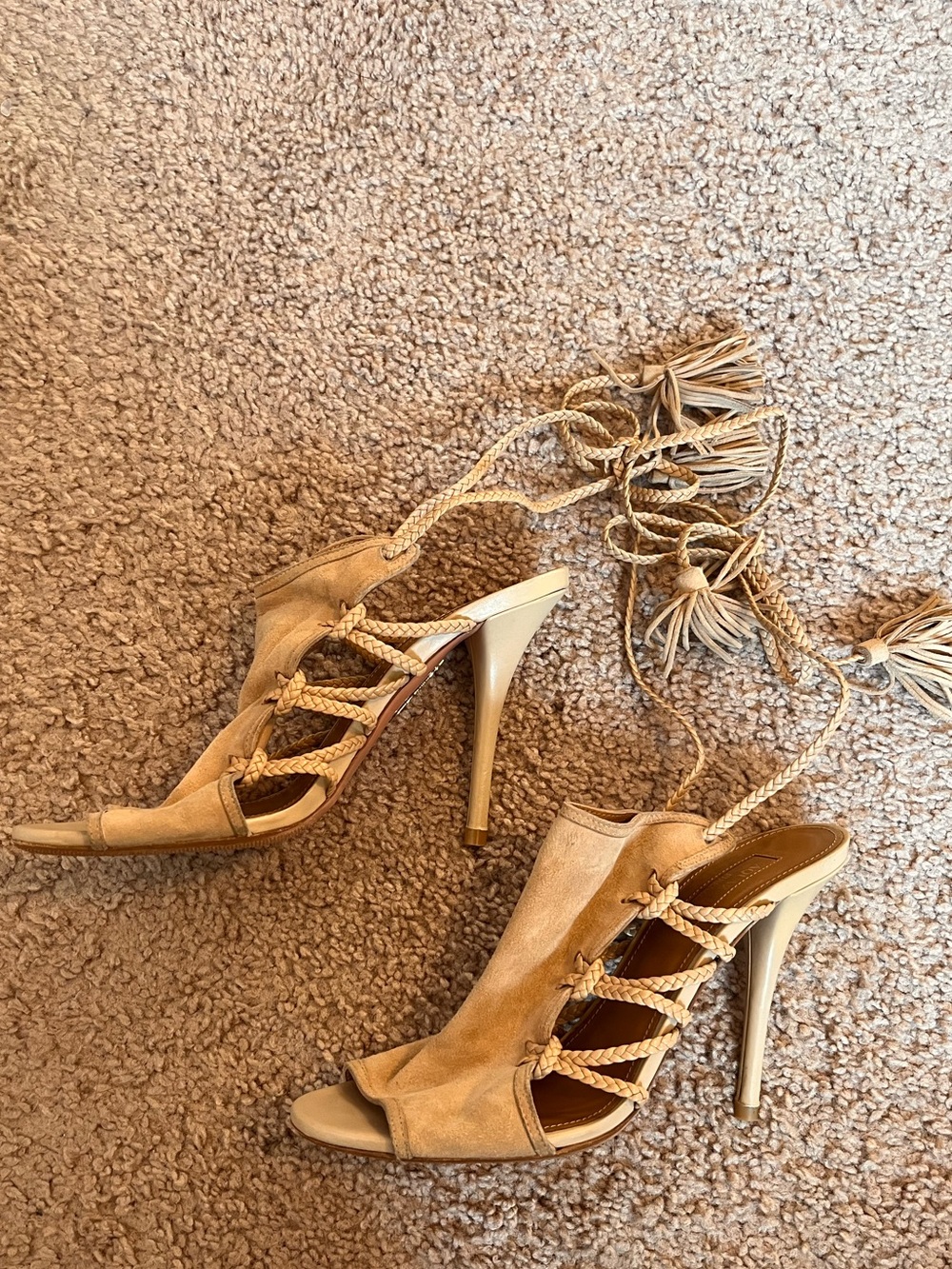 Aquazzura Nude Suede Lace-Up Stiletto Sandals